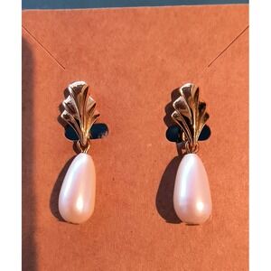 Monet Gold Tone Clip On Earrings Faux Pearl Dangle Leaf Design